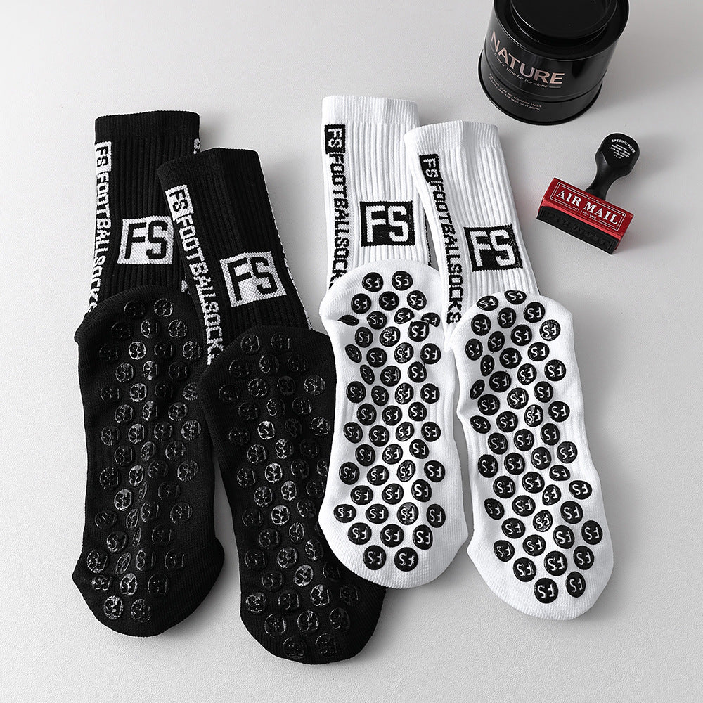 Men's Anti-Slip Sports Socks – Mid-Calf Polyester Grip Socks Black & White