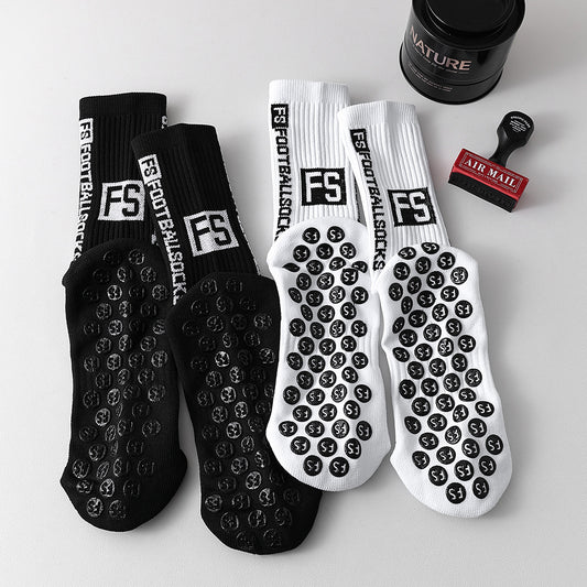 Men's Anti-Slip Sports Socks – Mid-Calf Polyester Grip Socks Black & White