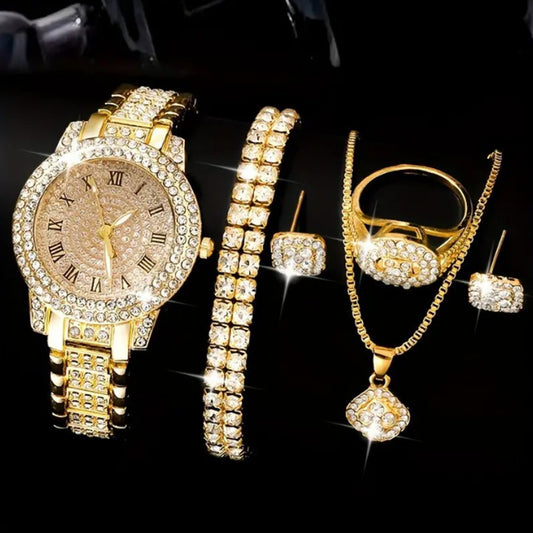 Women's 5-Piece Jewellery & Watch Gift Set – Crystal-Studded