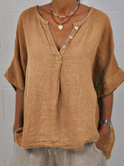 Women's Cotton-Linen V-Neck Button-Up Shirt | Relaxed Fit Casual Top