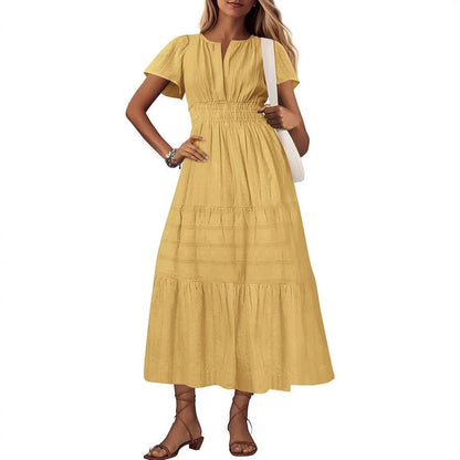 Women's V-Neck Pleated Puff Sleeve Maxi Dress