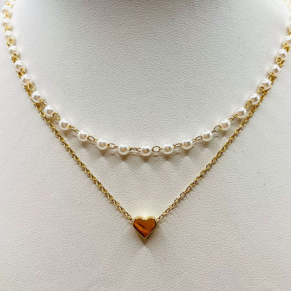 Pearl Heart Double-Layer Necklace | Light Luxury Alloy Pendant Necklace