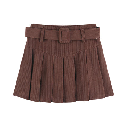 Women's Corduroy A-Line Mini Skirt - Pleated Spliced Autumn Skirt