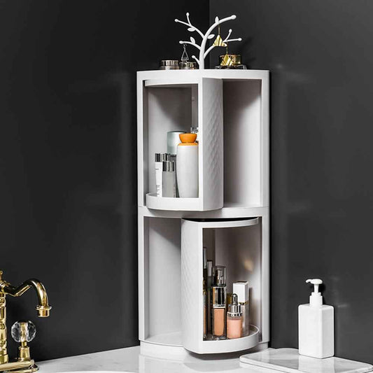 Rotatable Corner Bathroom Storage Rack – Wall-Mounted Plastic Organiser with Cover