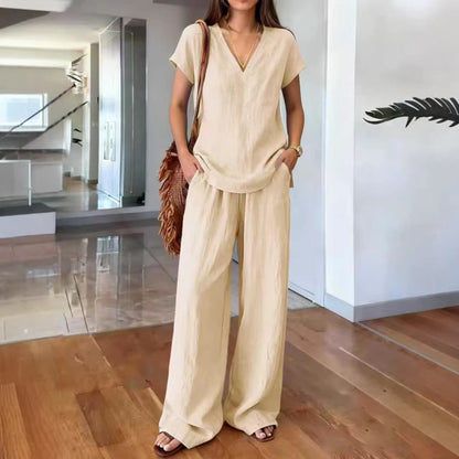 Women's V-Neck Short Sleeve Top and Wide-Leg Pants Co-ord Set