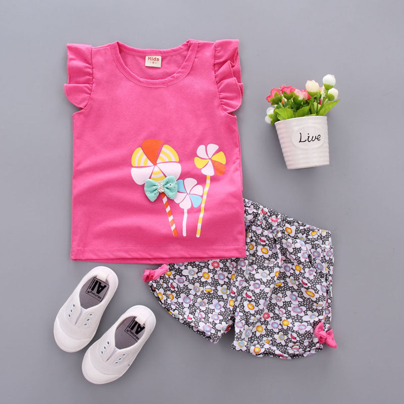 Girls' Cartoon Print Short-Sleeve Top & Shorts Set