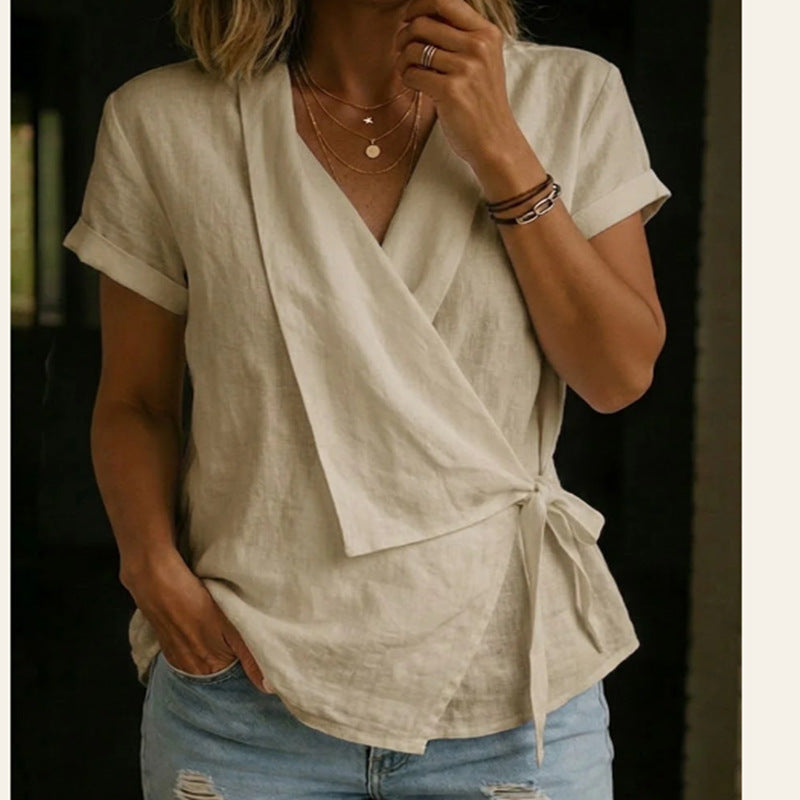 Women's Cotton-Linen Lapel Lace-Up Short-Sleeve Top