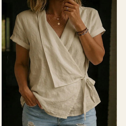 Women's Cotton-Linen Lapel Lace-Up Short-Sleeve Top