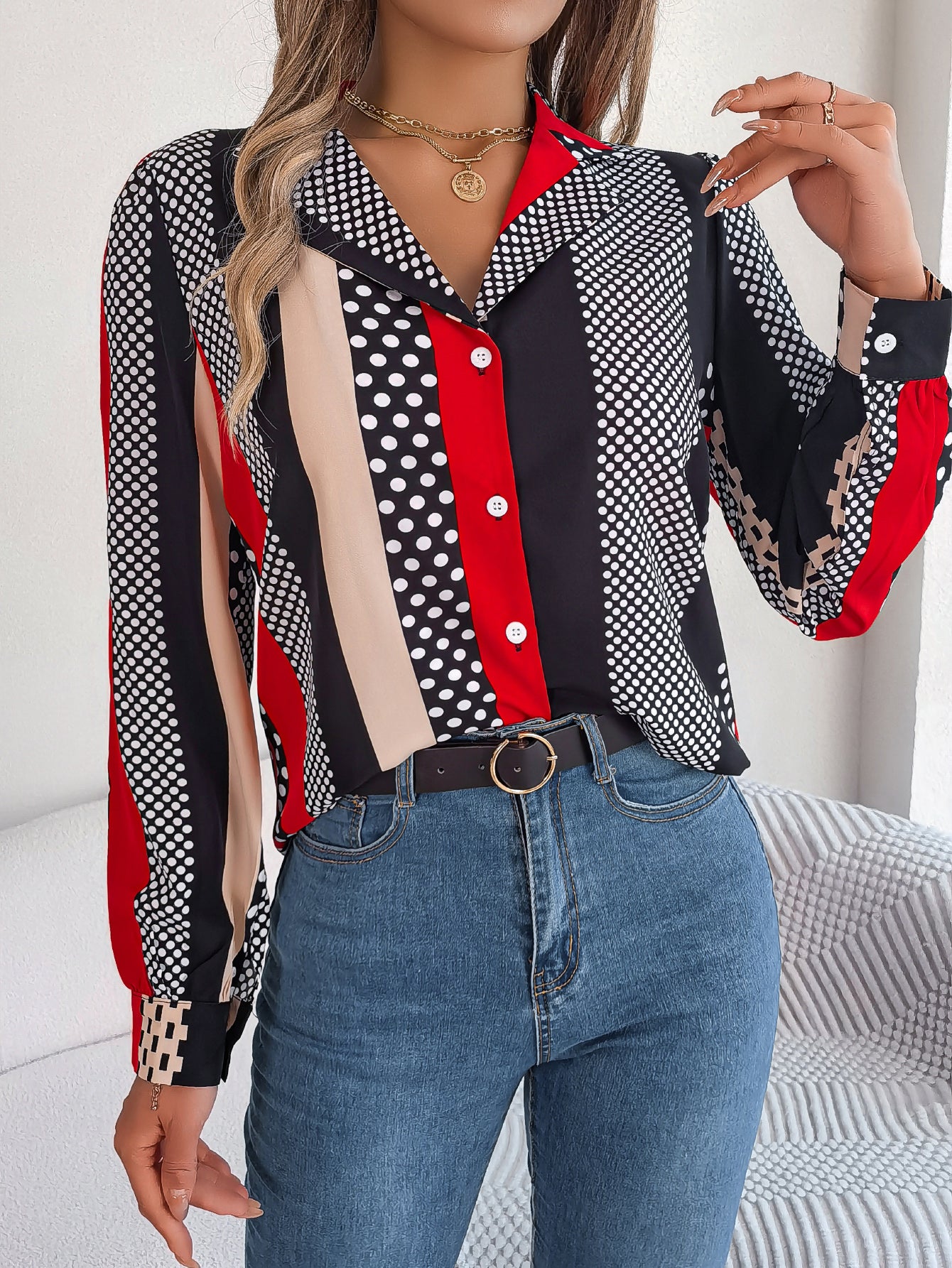 Women's Elegant Colour Block Long-Sleeve Shirt