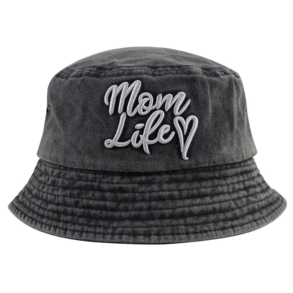 Mom Life Embroidered Bucket Hat | Washed Cotton Fisherman Hat for Women