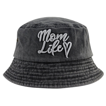 Mom Life Embroidered Bucket Hat | Washed Cotton Fisherman Hat for Women