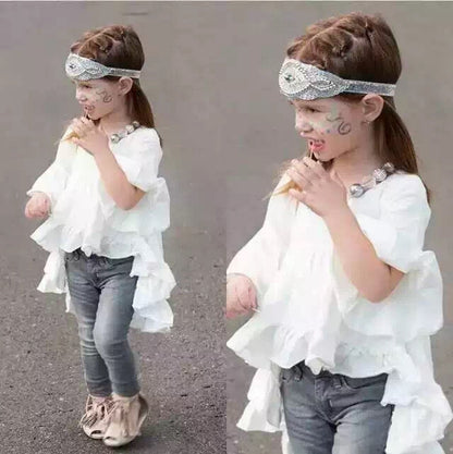 Girls Slub Cotton Short Sleeve Top with Skirt Hem – White