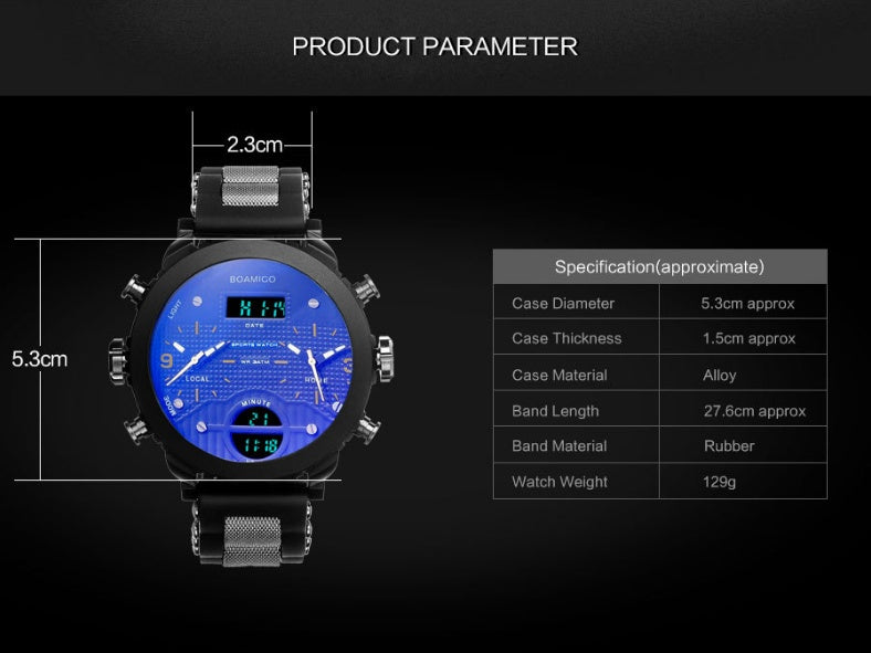 Men's Dual Display Quartz Watch – 3 Time Zones, Waterproof