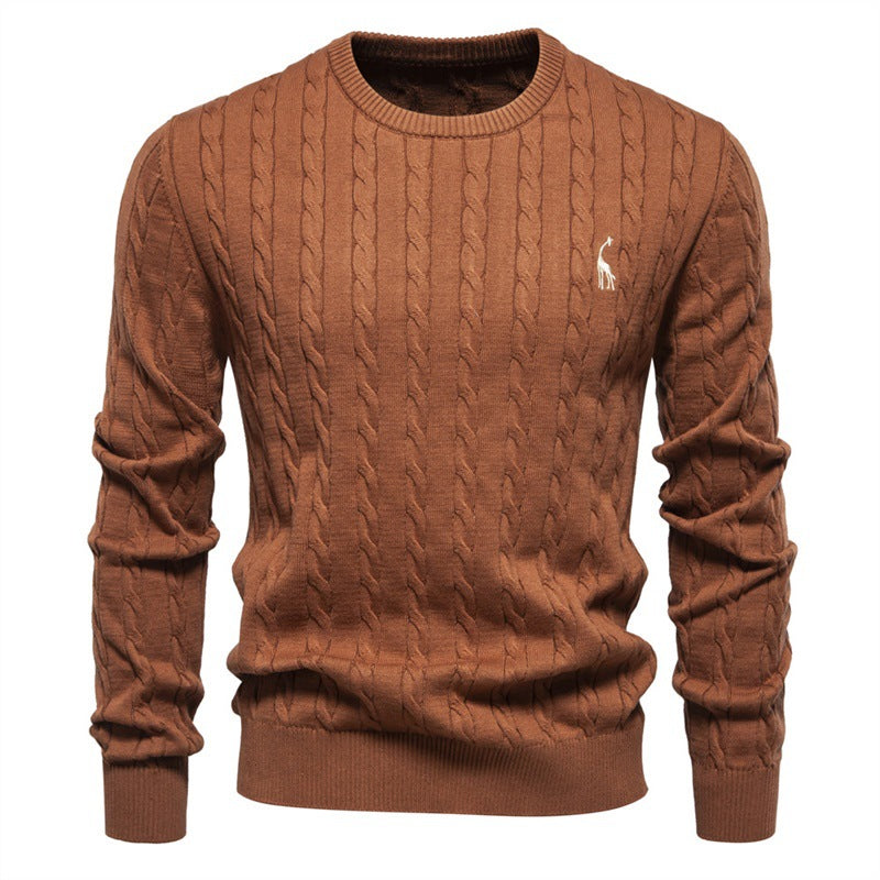 Men's Deer Embroidered Cotton Pullover Sweater | Autumn Casual Knitwear