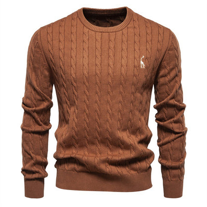Men's Deer Embroidered Cotton Pullover Sweater | Autumn Casual Knitwear