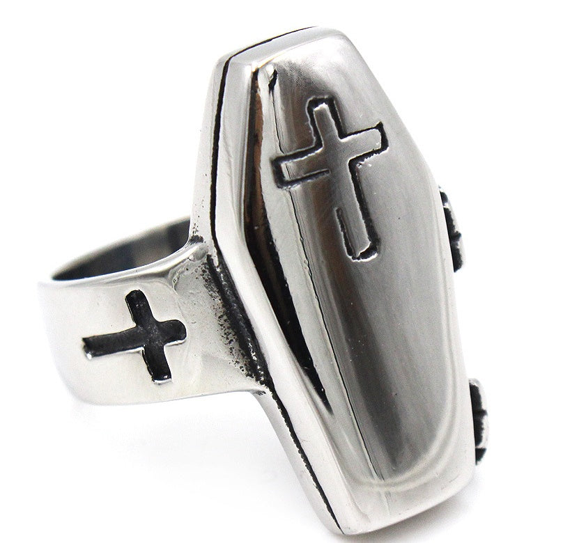 Men's 316L Titanium Steel Coffin Ring – Gothic Statement Band in Silver