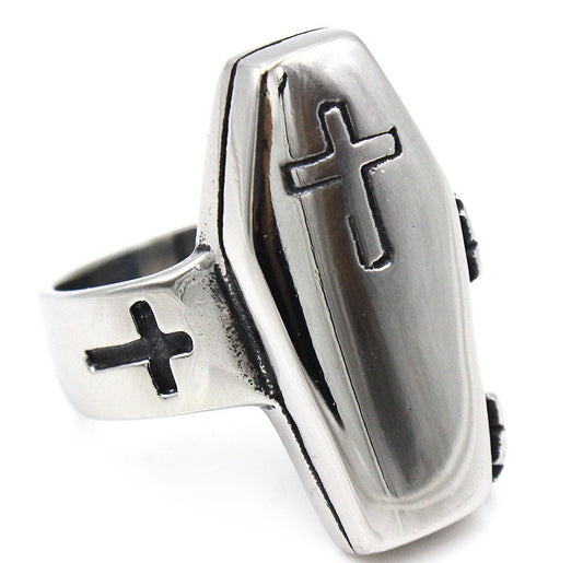 Men's 316L Titanium Steel Coffin Ring – Gothic Statement Band in Silver