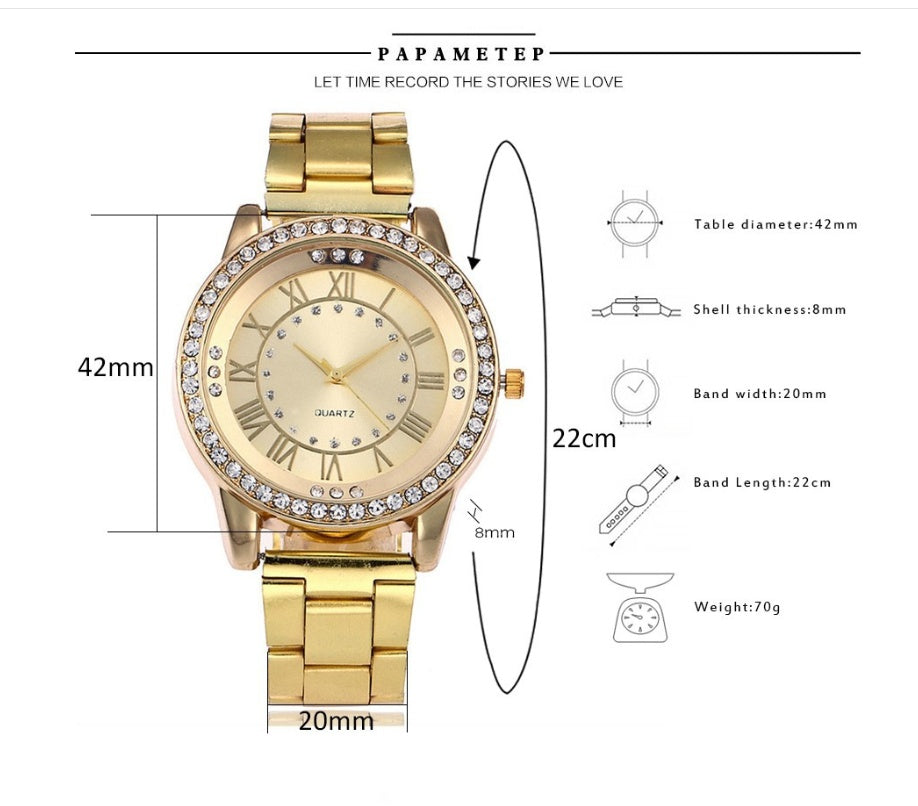 Women's Rhinestone Quartz Watch | Round 40mm Alloy Case Dress Watch in 6 Finishes