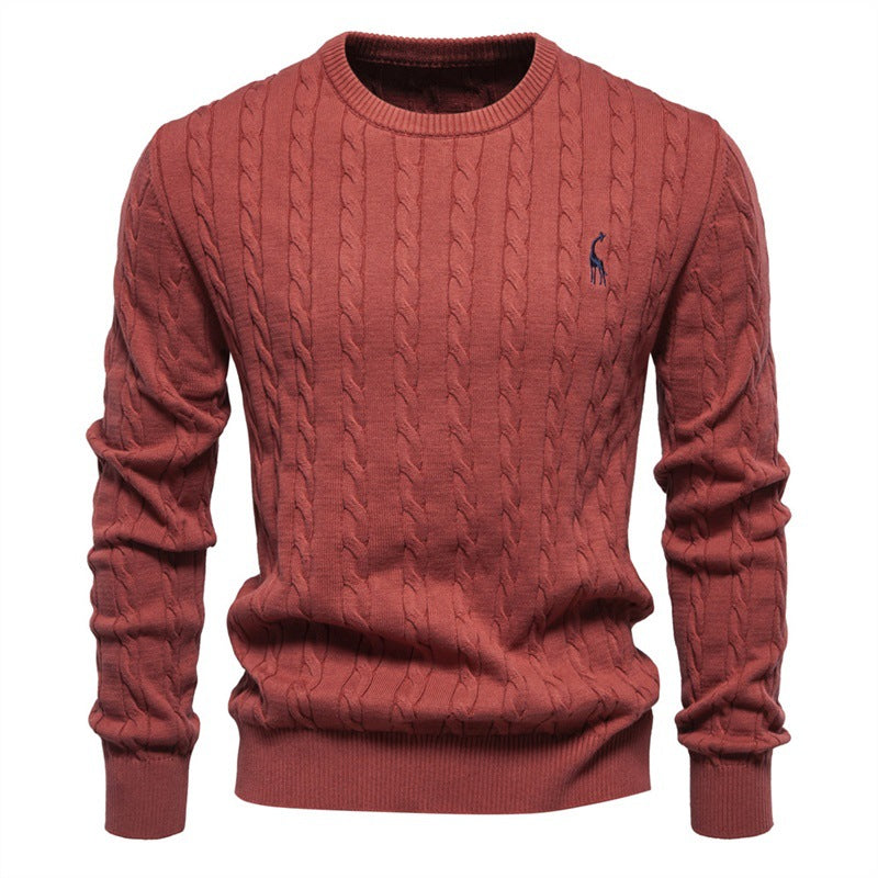 Men's Deer Embroidered Cotton Pullover Sweater | Autumn Casual Knitwear