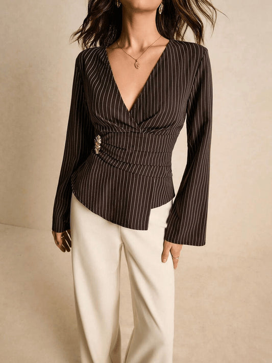 Women's Elegant Striped Stand Collar Shirt | V-Neck Metallic Accent Commuter Blouse