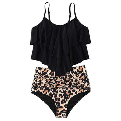 Women's Ruffled Bikini Set – Polyester, Rose Red, Green & Black
