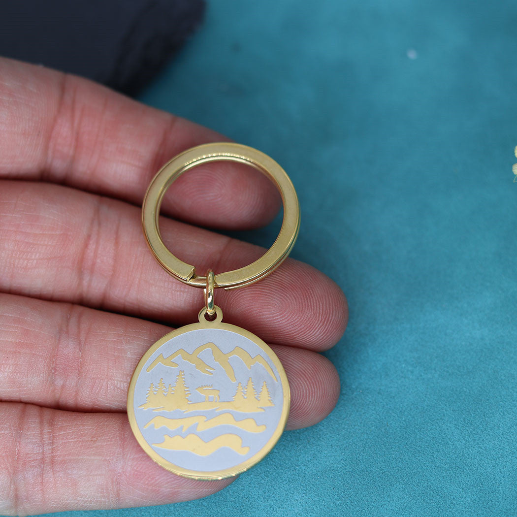 Mountain Carved Stainless Steel Keyring | Gold & Black