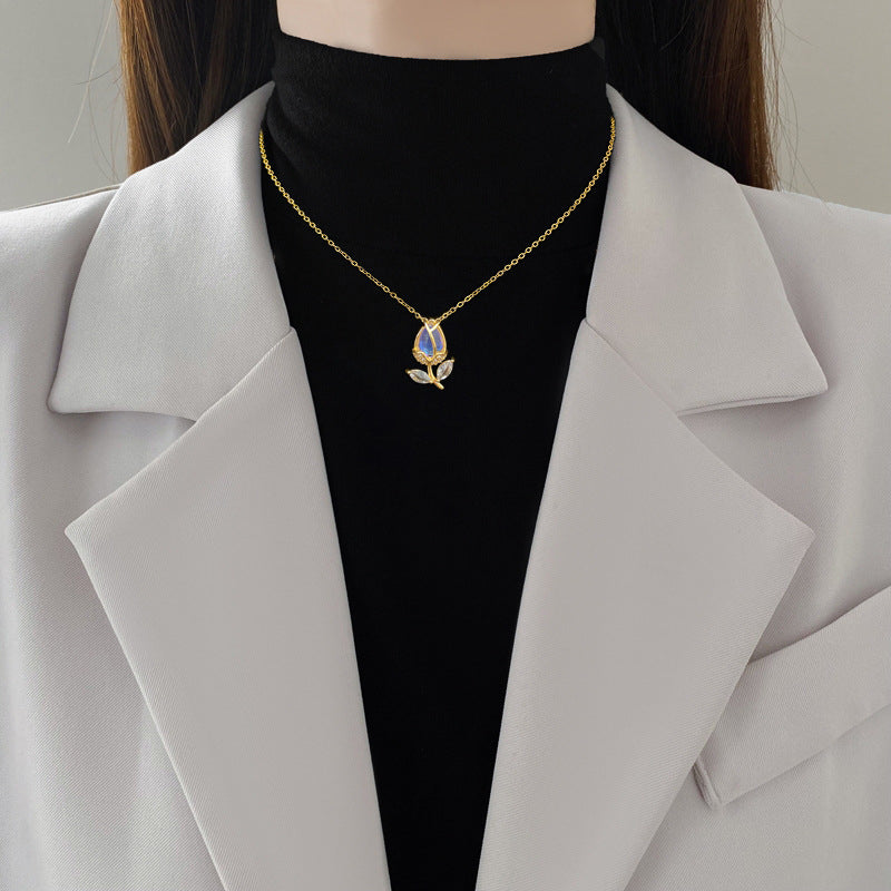 Crystal Tulip Pendant Necklace | Stainless Steel Chain with Copper Micro-Set Pendant