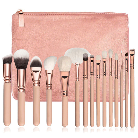 15-Piece Makeup Brush Set with Bag – Synthetic Hair & Wooden Handle