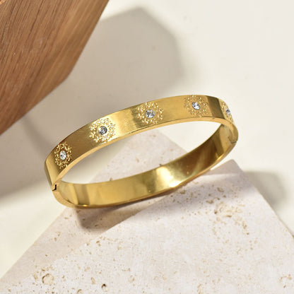 Sunflower Crystal Cuff Bracelet | Vintage Gold Titanium Steel Bangle