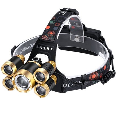 30W 2,200lm 5-Head LED Headlamp & Torch – IPX45 Waterproof Camping Search Light Gold Silver Red