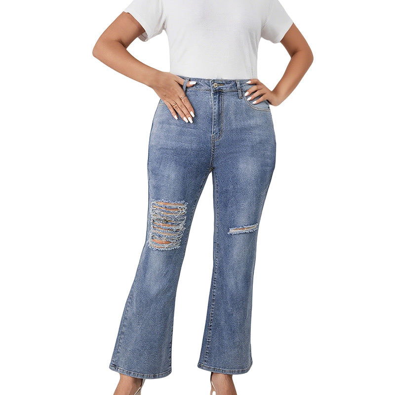 Women's Plus Size Distressed Flared Jeans - Dark Blue, 1XL-5XL