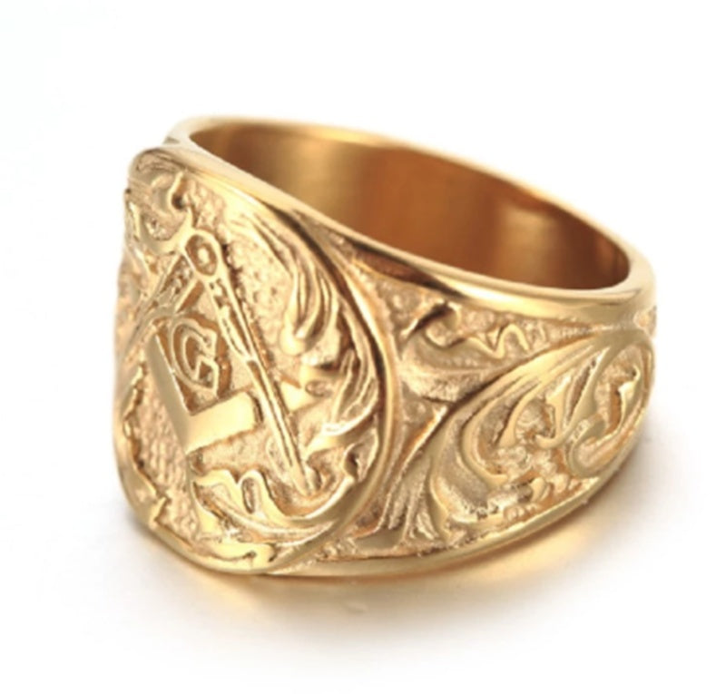 Men's Titanium Steel Vintage Masonic Ring – Electroplated Geometric Band Gold & Silver