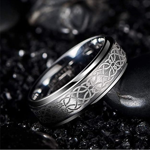 Men's Tungsten Steel Laser Pattern Ring – Grey & White European Statement Band