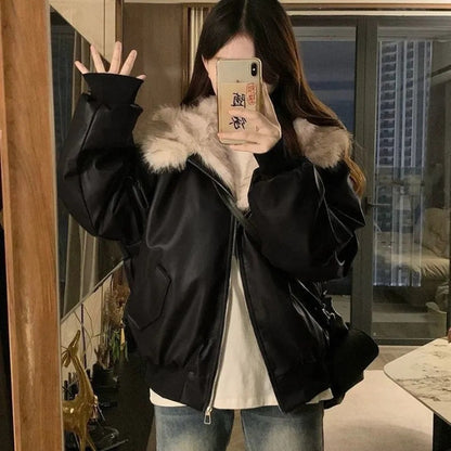 Women's Faux Leather Fur Collar Jacket – Slim Fit Short Coat