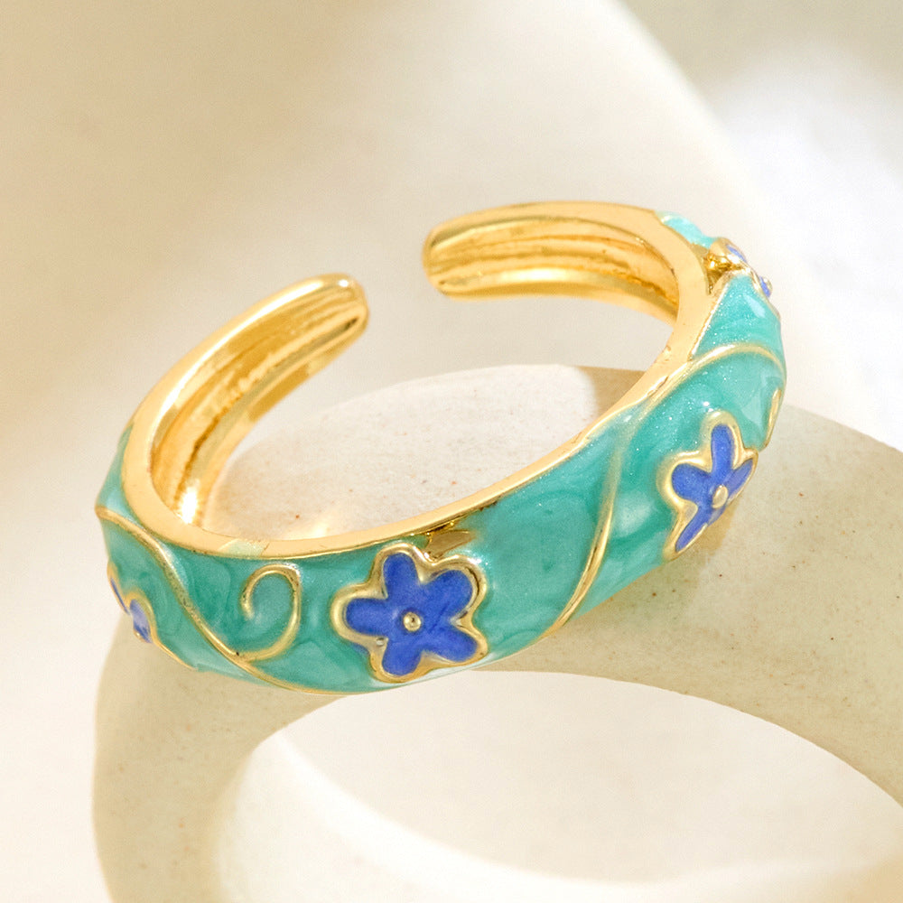Vintage Floral Diamond-Encrusted Adjustable Ring | Copper Open Ring in 6 Styles