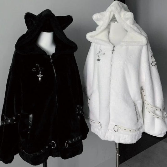 Women's Cat-Ear Mid-Length Coat - Long Sleeve Polyester Outerwear Black White
