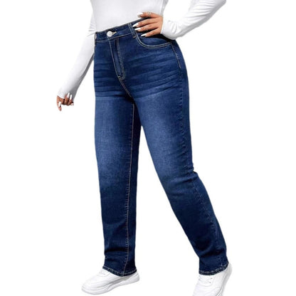 Women's Washed Distressed Straight-Leg Jeans - Dark Blue, S-8XL