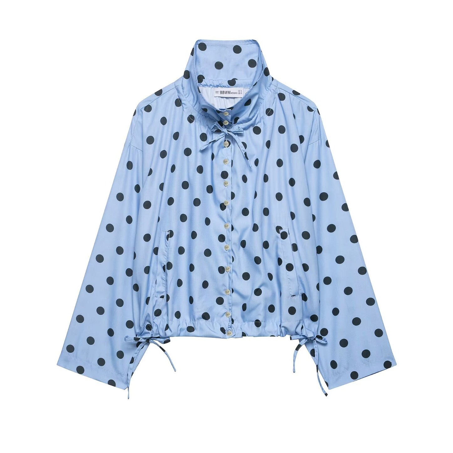 Women's Polka Dot Long-Sleeve Coat | Stand Collar Bow-Tied Single-Breasted Jacket