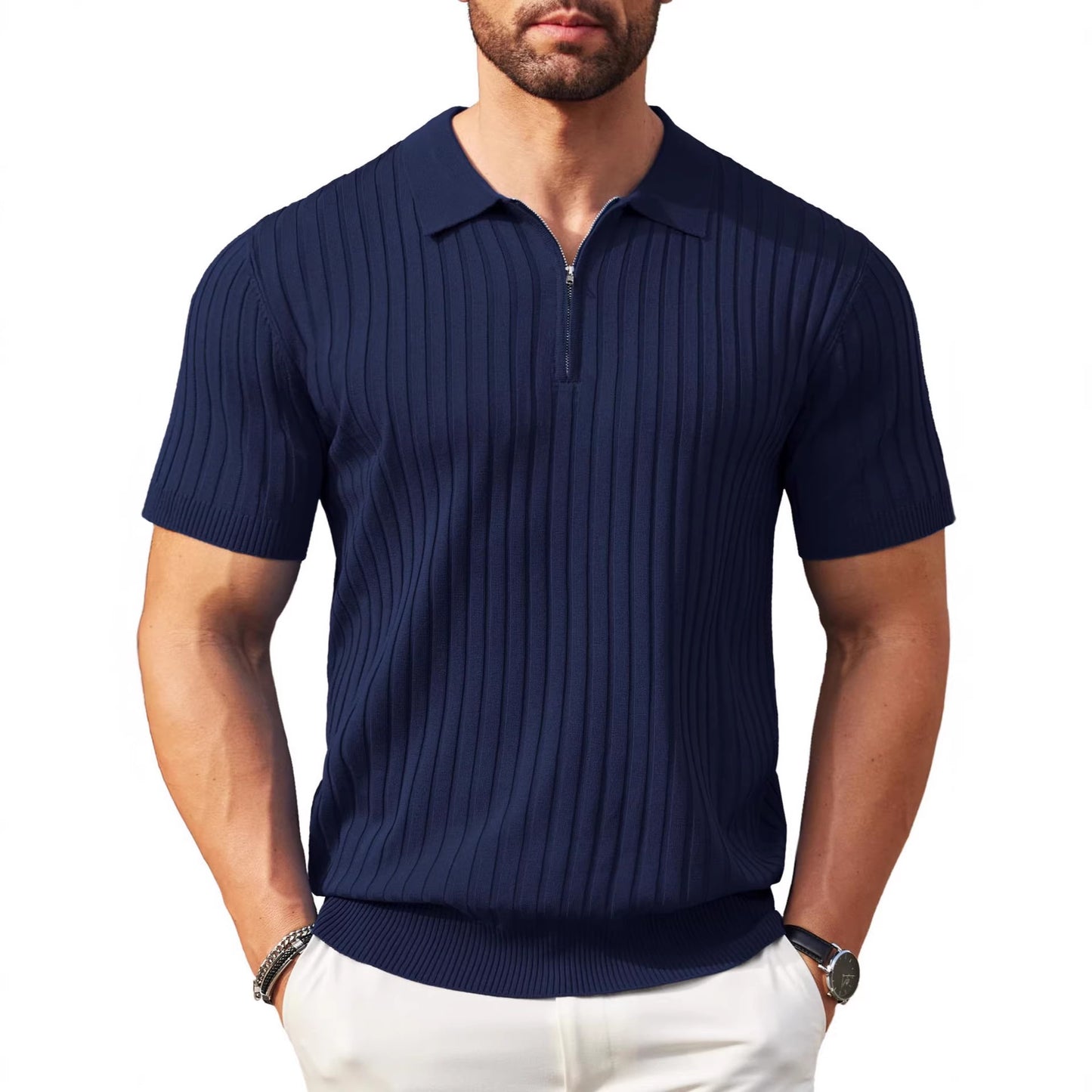 Men's Zip-Up Rib-Knit Polo Shirt | Slim Fit | S–5XL