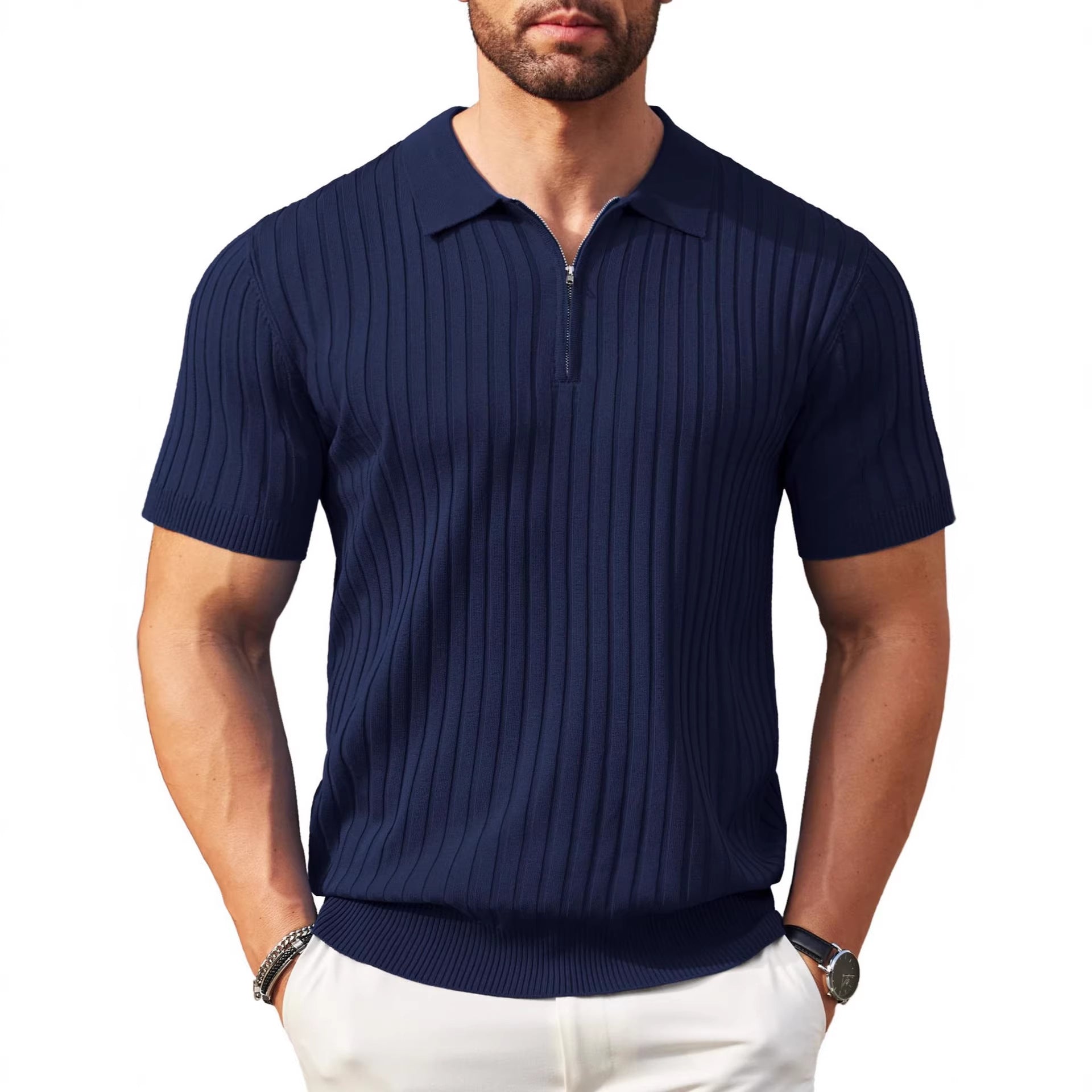 Men's Zip-Up Rib-Knit Polo Shirt | Slim Fit | S–5XL