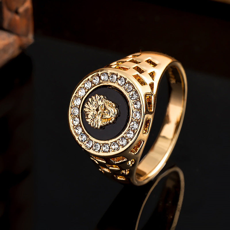 Men's Lion Head Ring – Czech Diamond Inlay 24K Gold & White Gold Enamel Band