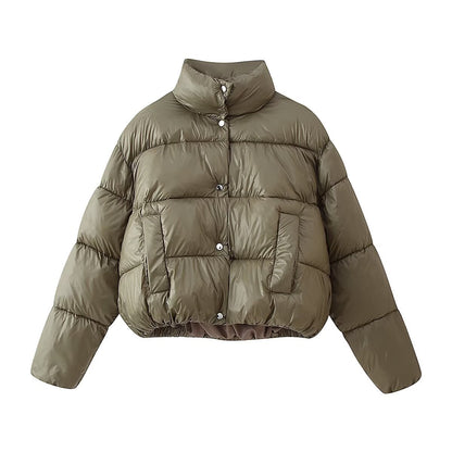 Women's Olive Green Quilted Padded Jacket - Button Front