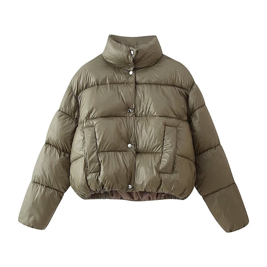 Women's Olive Green Quilted Padded Jacket - Button Front
