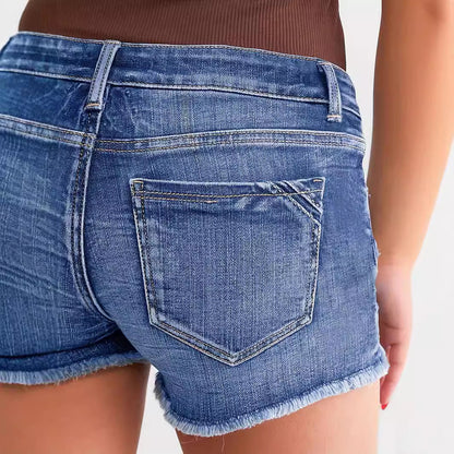 Women's Ripped Patchwork Denim Shorts | Button Fly | Light Blue