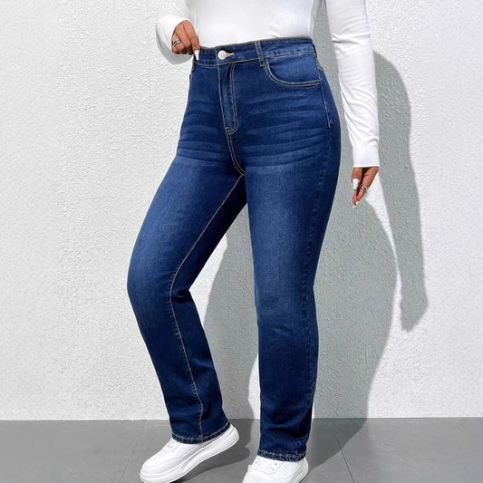 Women's Washed Distressed Straight-Leg Jeans - Dark Blue, S-8XL