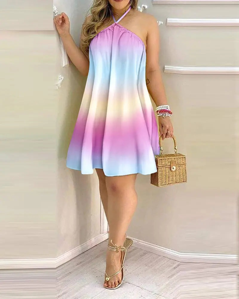 Women's 3D Print A-Line Midi Dress | Off-Shoulder Halter Summer Dress