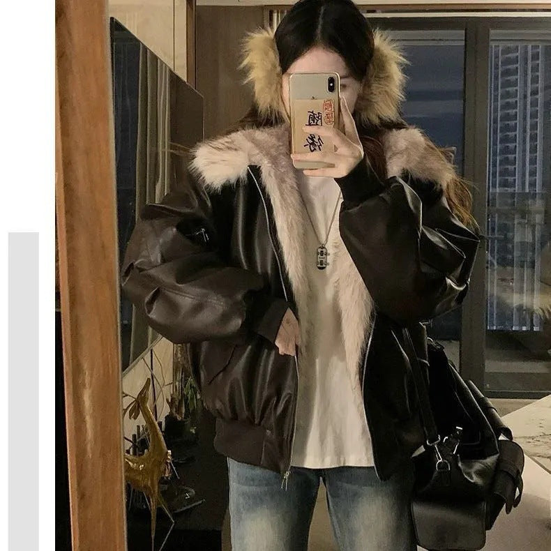 Women's Faux Leather Fur Collar Jacket – Slim Fit Short Coat