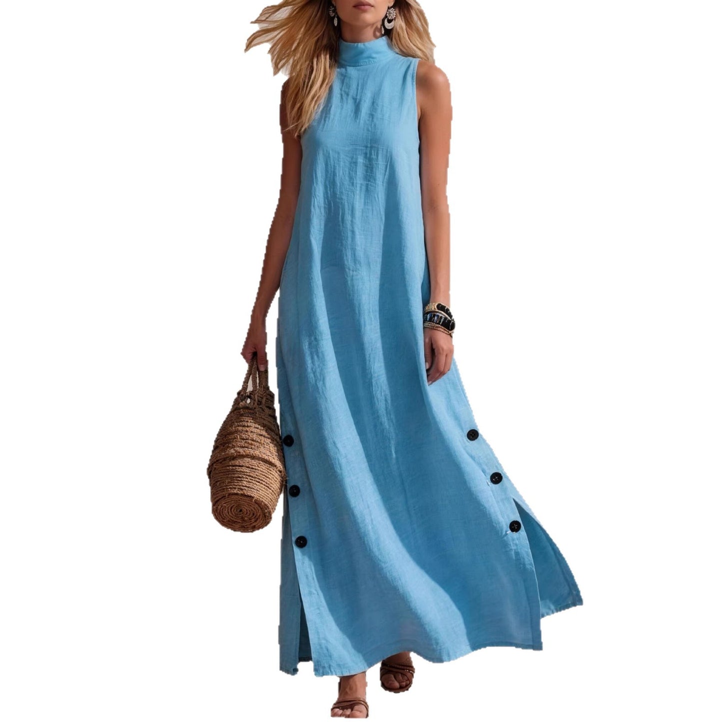 Women's Sleeveless Cotton Linen Midi Dress with Side Slits