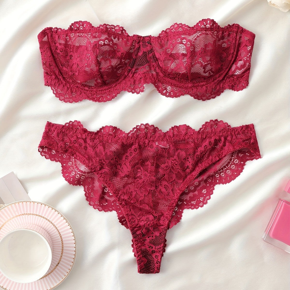Women's Lace Floral Lingerie Set in Wine Red | Bra & Knicker Set