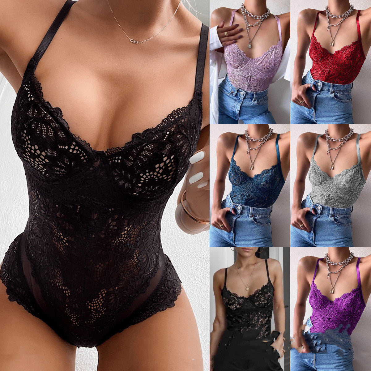 Lace Suspender Slip Bodysuit | S-4XL | Red, Purple & Black